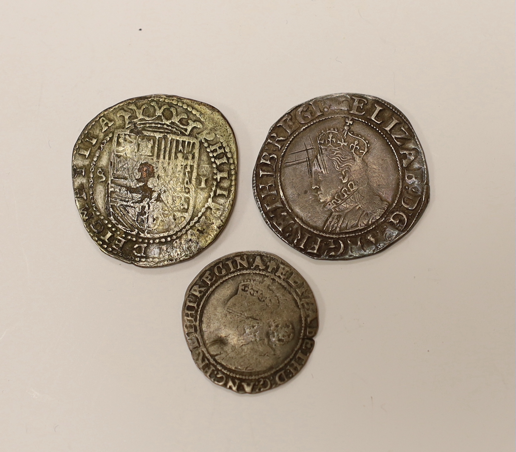 British hammered silver coins, Elizabeth I shilling and sixpence and a replica coin